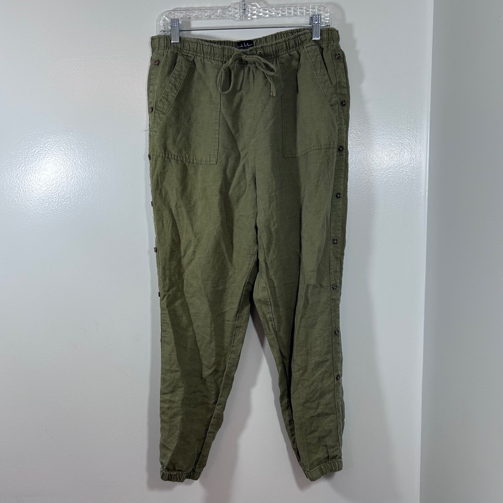 Nicole Miller New York Olive Green Linen Blend Button Side Joggers Large
